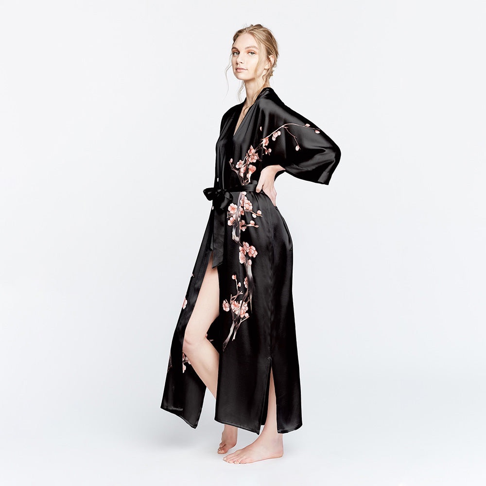 SILK HANDPAINTED CHERRY BLOSSOM LONG KIMONO ROBE BLACK NWOT Never Worn Before!